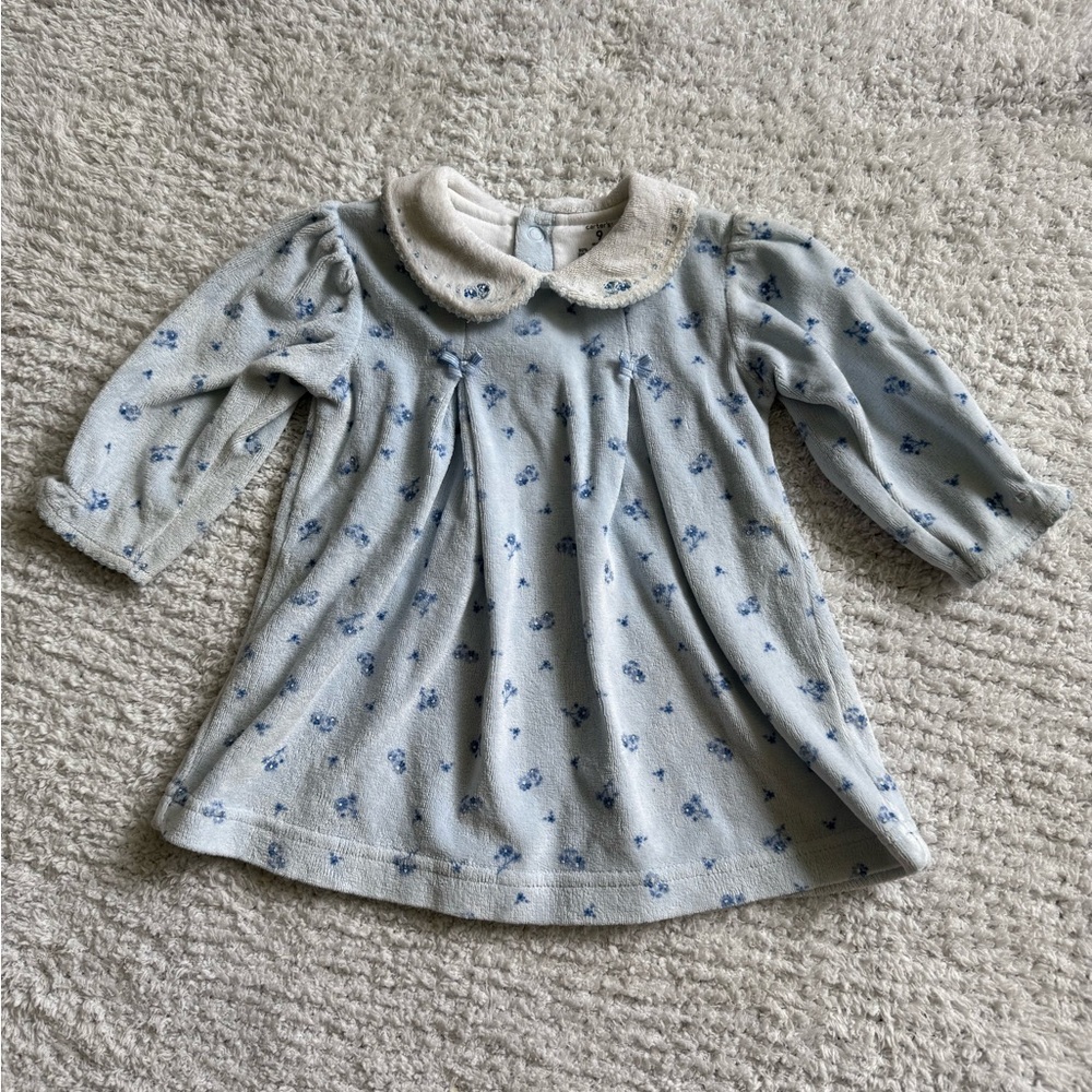 Carters Terry cloth Velour Baby Blue Floral Dress with Peter Pan Collar 9m